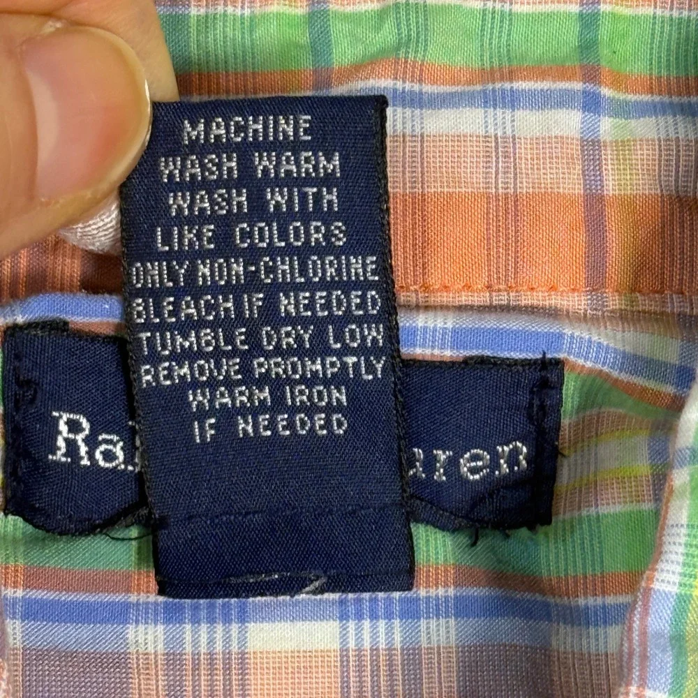 Ralph Lauren Boys Large Plaid Short Sleeve Button Down Shirt Orange‎ Green Blue